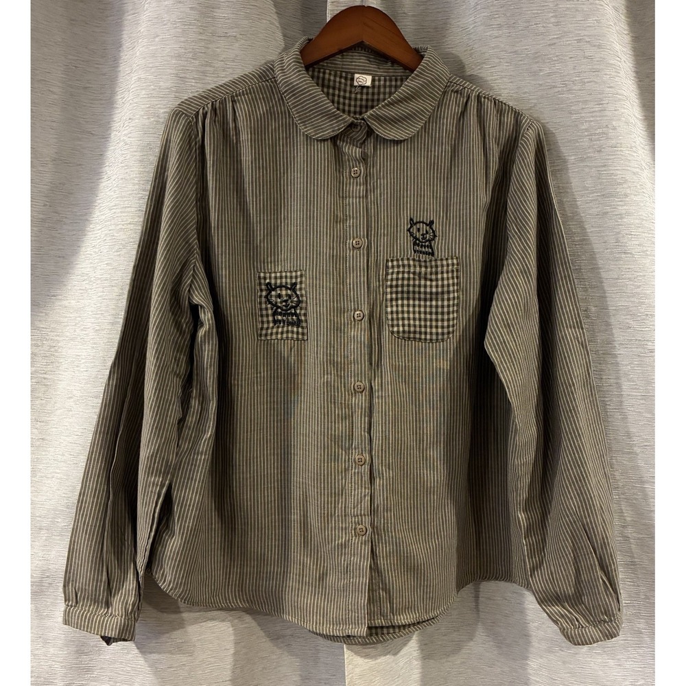 Japanese Cat Embroidered Button Up Stripes Cottagecore Cat Mom